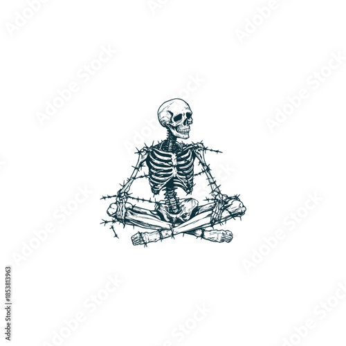 Vintage hand-drawn illustration of a skeleton in a fetal position, hopelessly entangled and wrapped in sharp, prickly barbed wire.