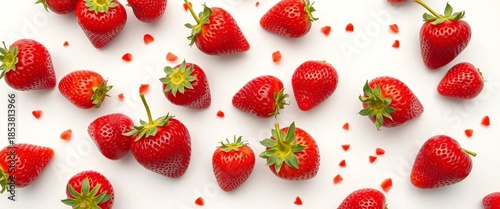 Juicy red strawberries scattered on pristine white, vibrant color, top view, clean, texture