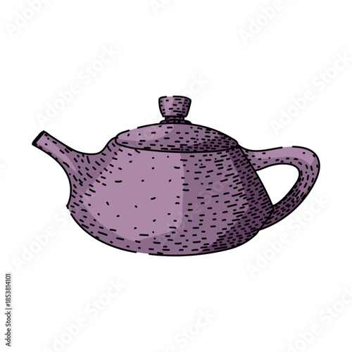 Hand drawn sketch of a stylized purple yixing clay teapot for brewing and serving hot tea, capturing traditional chinese tea ceremony elements on a white background
