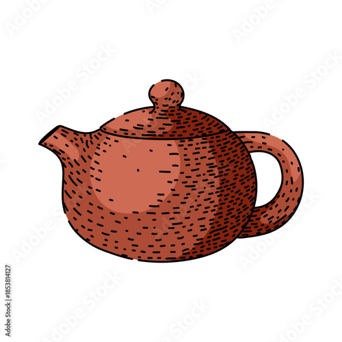Traditional ceramic teapot with a unique reddish brown texture, representing the art of tea brewing and asian culture in a classic hand drawn illustration style
