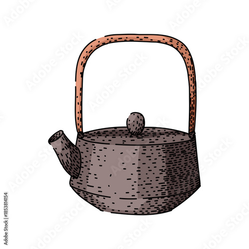 Hand drawn illustration depicting an antique style cast iron teapot with a wooden handle, ideal for enjoying hot beverages and practicing tea ceremonies