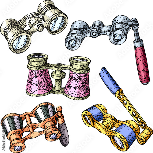 Vintage opera glasses presented in a charming hand drawn style, offering a visual representation of classic theater, opera, performance, and the cultural experience of live artistic events