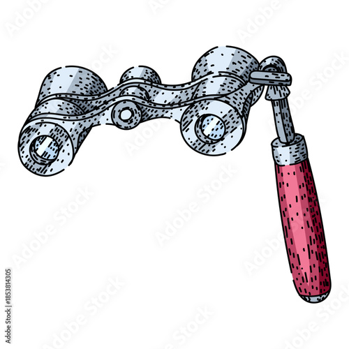 Opera glasses featuring a hand drawn style with an engraved texture and black outlines, serving as a symbol for viewing theatrical performances and cultural events