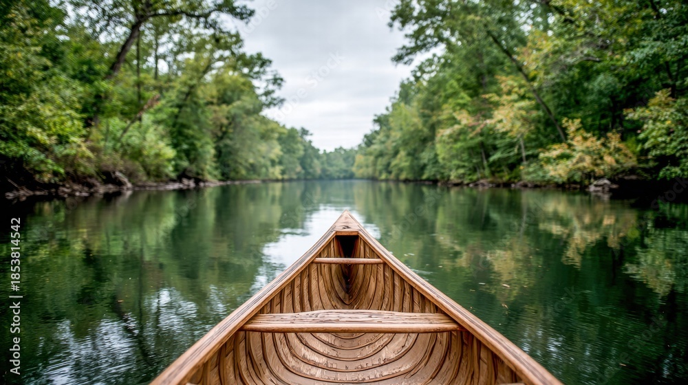 Obraz premium Canoe adventure on a calm river surrounded by lush green trees under a cloudy sky.