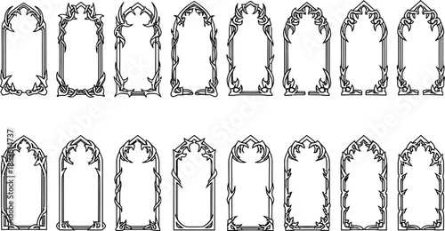 Gothic game frame set, fantasy medieval border, gothic style halloween frames with black spiky outlines, gothic game frame collection set vector, spike gothic frame collection