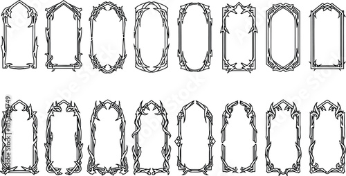 Gothic game frame set, fantasy medieval border, gothic style halloween frames with black spiky outlines, gothic game frame collection set vector, spike gothic frame collection