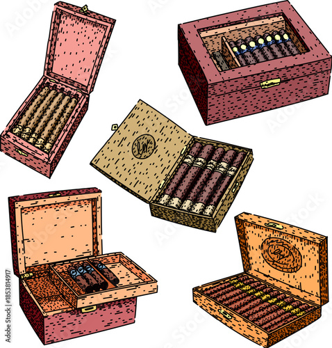 Collection of stylized wooden cigar boxes and humidors holding premium cigars, illustrating the craftsmanship, luxury, and rich tradition of tobacco products