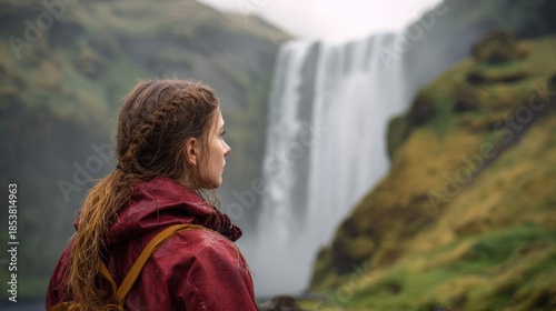 Woman appreciating waterfall view outdoors nature travel scenic landscape