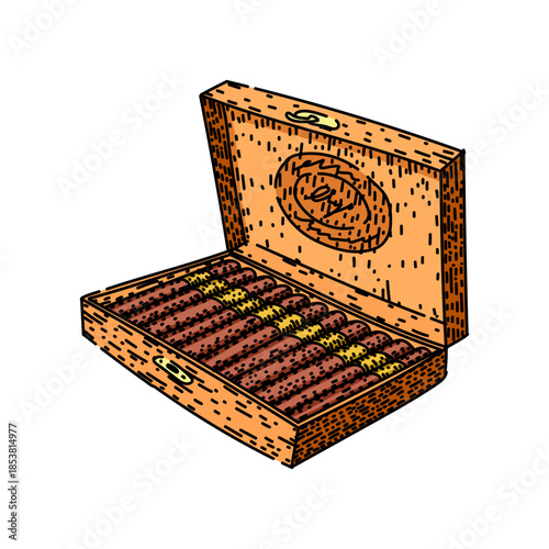 Wooden cigar box containing premium tobacco cigars, illustrating luxury lifestyle, celebration, and traditional smoking culture with a vintage hand drawn style