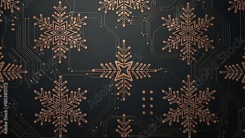 Golden snowflakes on dark circuit board background