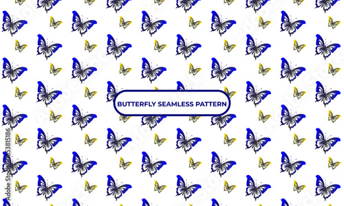 Blue Butterfly Seamless Pattern on White Background