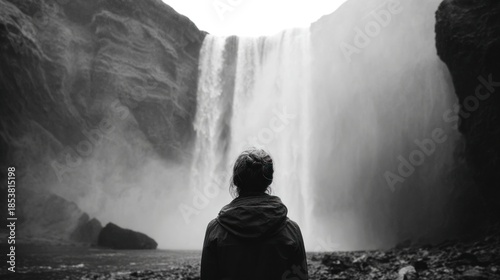 Person observing majestic waterfall black and white scenic landscape outdoors