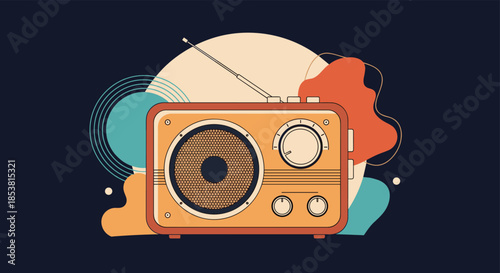 A stylish retro radio receiver with an antenna and dials in a cool vintage illustration with abstract colorful background shapes.