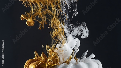Golden and white liquid splash on black background