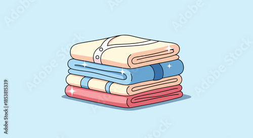 A sparkling stack of neatly folded clean clothes and laundry in a simple and cute cartoon vector illustration on a blue background.
