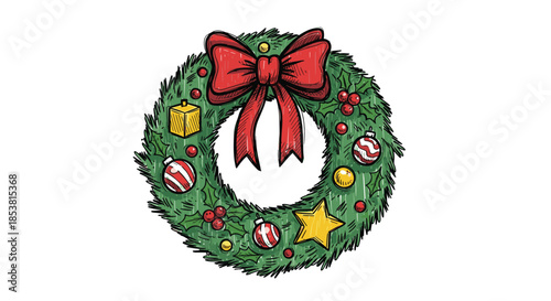 A beautiful hand-drawn Christmas wreath with a large red bow ornaments and holly berries in a festive vintage sketch illustration.