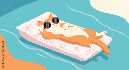 A cool and relaxed cartoon cat wearing sunglasses while floating on an inflatable raft in the water for a perfect summer vacation.