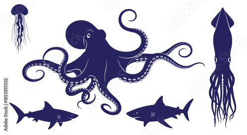 Collection of dark blue silhouettes featuring various sea creatures like an octopus sharks jellyfish and a squid isolated on a white background.