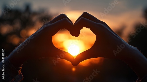 Hands forming heart shape silhouetted against sunset sky with bright sunlight