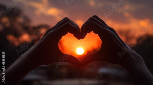 Hands forming heart shape with sunset background sky silhouette