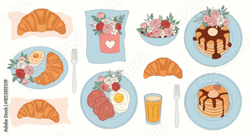 Charming collection of illustrated breakfast items including croissants pancakes with chocolate eggs and beautiful flowers on a pastel background.