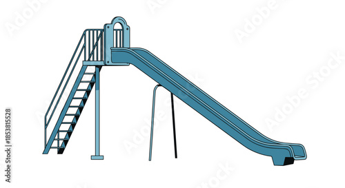 Simple and clean illustration of a blue metal playground slide with steps and supports isolated on a plain white background for design.
