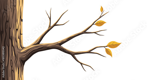An illustration of a bare tree branch with a textured trunk and just a few golden yellow autumn leaves remaining for a fall season concept.