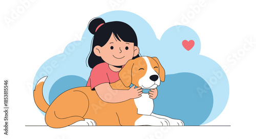 Heartwarming flat illustration of a happy little girl lovingly hugging her big beagle dog showing the special bond between a child and pet.
