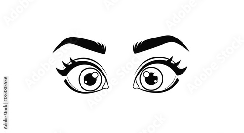 Expressive black and white cartoon anime style eyes with long eyelashes and detailed pupils looking surprised or curious on white.