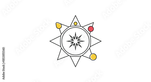 A minimalist line art design of a celestial compass rose with a central star and small colorful planets orbiting around its points.