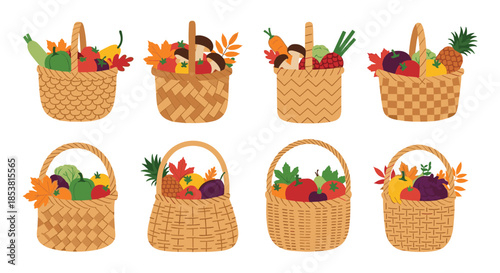 A beautiful collection of eight wicker baskets filled with a variety of autumn harvest vegetables fruits mushrooms and leaves.
