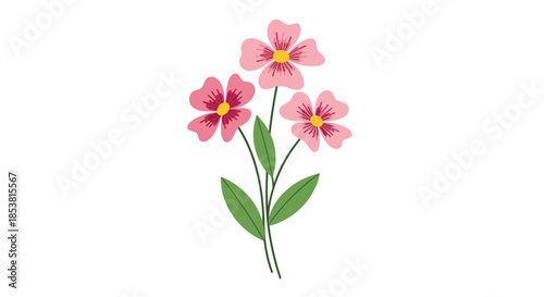 A lovely and simple illustration of three pink cosmos flowers with yellow centers on green stems isolated on a white background.