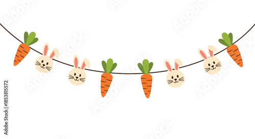 A cute and festive Easter garland with alternating bunny faces and bright orange carrots hanging on a string for holiday decoration.