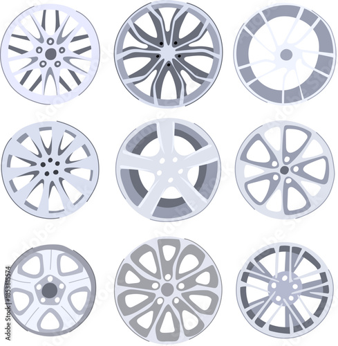 Various silver alloy wheel designs arranged in a grid, featuring different spoke patterns and styles representing options for vehicle customization and automotive engineering