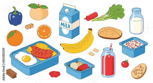 An isometric collection of various school lunch and breakfast food items including a lunchbox milk fruit and a sandwich.