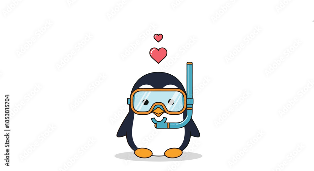 Obraz premium An adorable cartoon penguin wearing a snorkel mask and ready for swimming with two pink hearts floating above its head showing love.