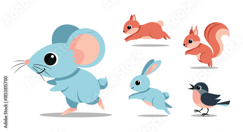 A collection of five adorable cartoon forest animals including a mouse rabbit squirrels and a bird running and hopping happily.