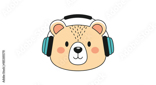An adorable cartoon bear face with blushing cheeks wearing large blue headphones and listening to music in a cute kawaii style.
