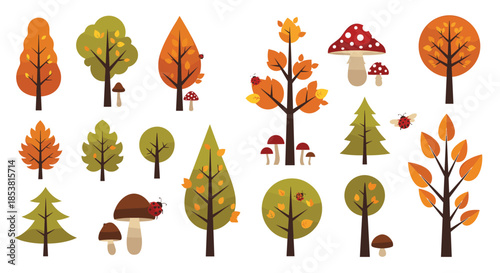 A large collection of stylized autumn trees with colorful leaves mushrooms and ladybugs in a charming flat design for seasonal decor.