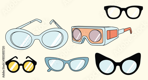 A stylish collection of six different pairs of retro and vintage glasses including cat-eye and 3D styles in a cool hand-drawn design.