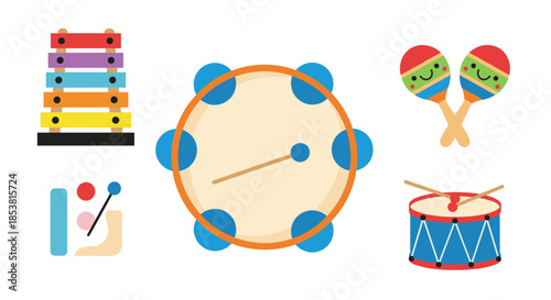 A colorful and playful set of cartoon musical instruments for children including a xylophone tambourine maracas and a drum.
