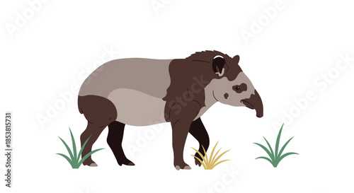 A simple flat vector illustration of a Malayan tapir with its distinctive black and white pattern standing in some sparse grass.