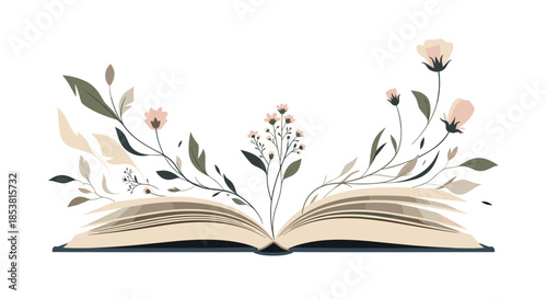 A magical open book with delicate pastel flowers and plants growing from its pages representing knowledge growth and storytelling.