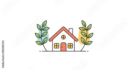 A minimalist and clean logo or icon design featuring a simple house outline framed by two leafy branches on a white background.