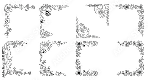 A set of eight elegant hand-drawn floral corner borders with flowers leaves bees and butterflies in a delicate stitched line style.
