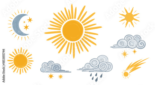 A lovely set of hand-drawn celestial and weather icons with a crayon texture including suns moons clouds and a comet.