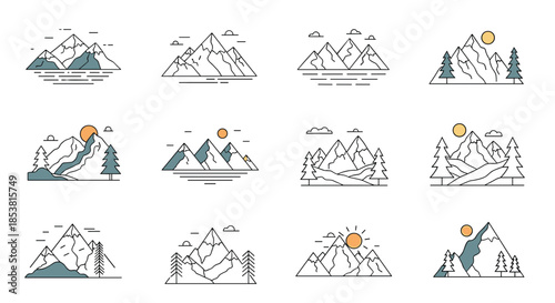 A set of twelve minimalist line art icons depicting various mountain ranges with trees sun and water elements in a clean modern style.