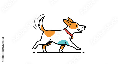 A cute and happy Jack Russell terrier dog with spots wagging its tail while walking in a simple and charming cartoon illustration.