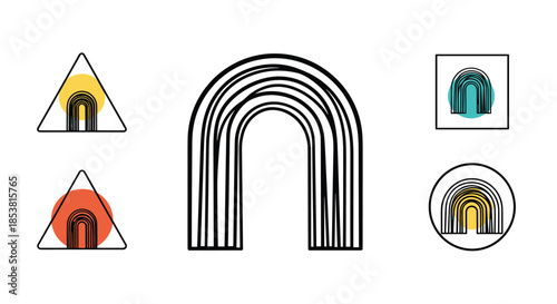 A set of modern and abstract logo designs featuring a bold black arch shape on its own and inside various geometric frames.