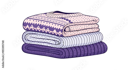 A cozy stack of three neatly folded warm winter sweaters in purple and lilac with various patterns like polka dots and Nordic designs.